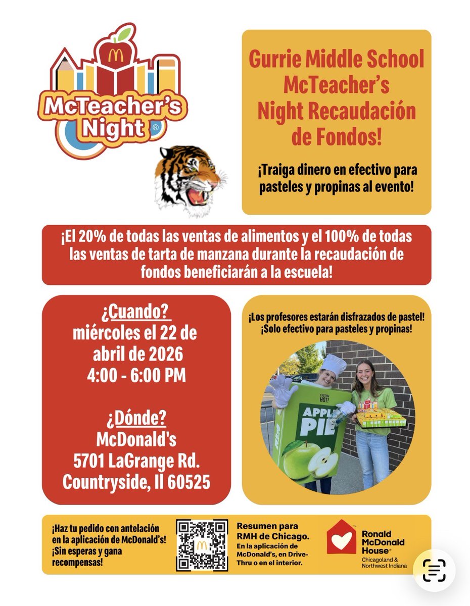 dist105's tweet photo. Get hungry, D105, tonight is Gurrie McTeacher Night! Today, from 4:00 PM - 6:00 PM, the Countryside McDonald's will donate 20% of all food sales and 100% of apple pie sales to the Gurrie PTO! Come join fellow community members and teachers in supporting our Gurrie Tigers!! https://t.co/NNl1gcC7ww