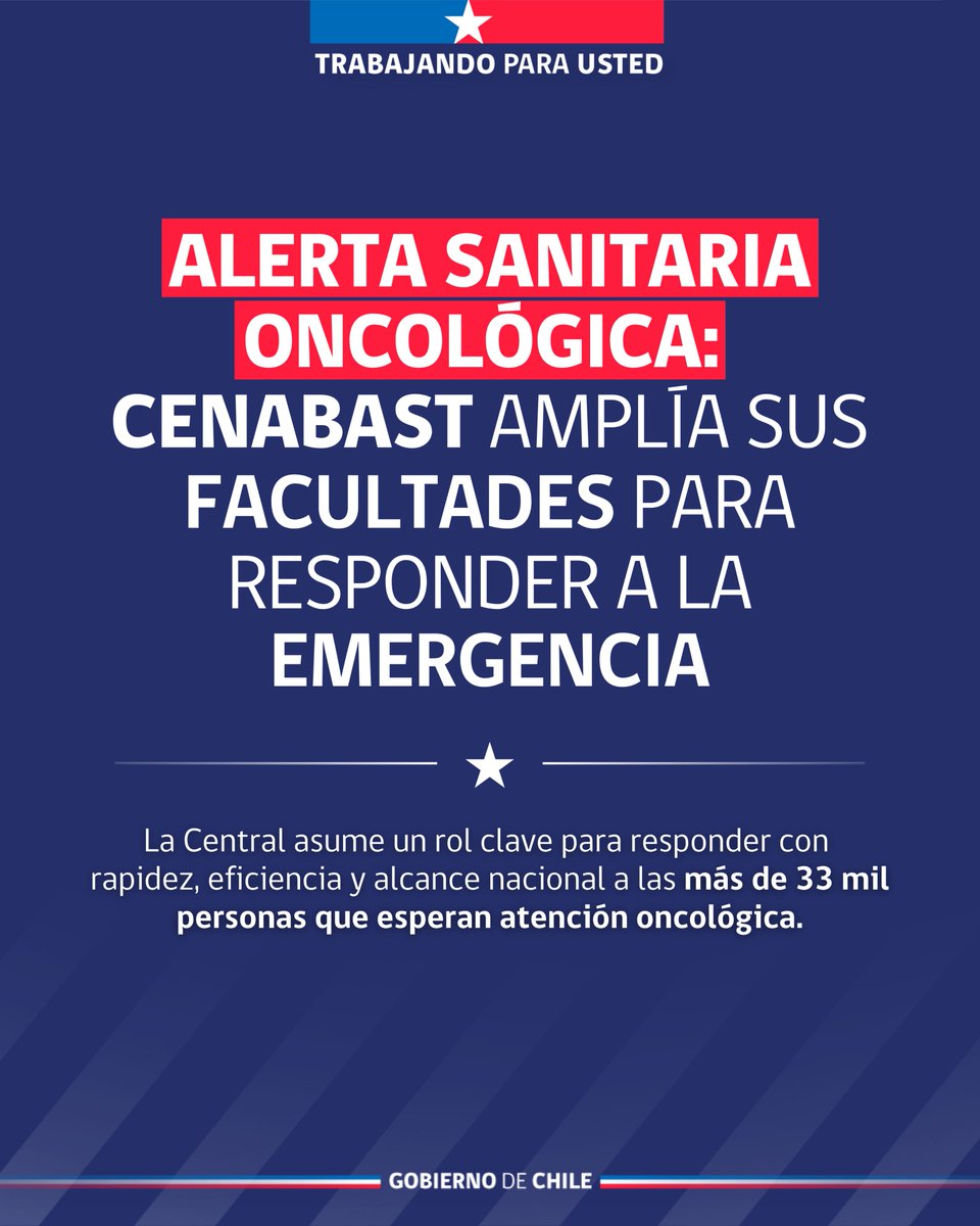 Cenabast's tweet photo. 🔴La Alerta Sanitaria Oncológica es un hecho   

El decreto otorga facultades extraordinarias a Cenabast para que los tratamientos lleguen a tiempo, así enfrentar los retrasos en cáncer y reducir listas de espera.  

Porque menos espera, es más vida.💙#TrabajandoParaUsted https://t.co/rp6jtNT0LR