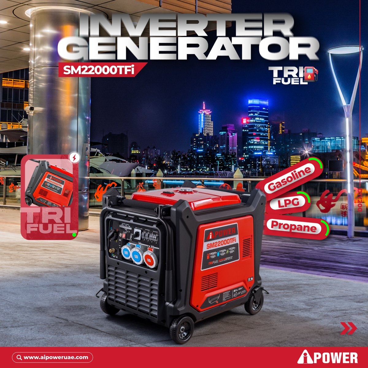 AipowerD's tweet photo. Running out of the right fuel should never shut down your operation. Ever. ⚡
The AiPower SM22000TFi runs on Gasoline, LPG, AND Propane.
Because on a real job site — you work with what's available. Not what's ideal.
No more delays. No more scrambling for the right fuel. https://t.co/9cse2Dtwyq