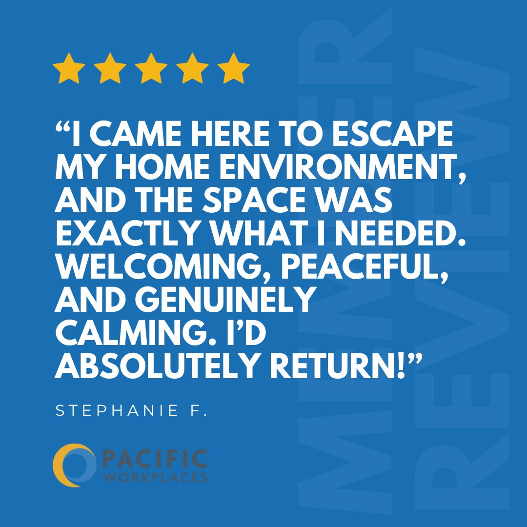 PacWorkplaces's tweet photo. Nothing means more to us than hearing how our spaces make a real impact.

At Pacific Workplaces, “We Care” isn’t just a value, it’s how we show up every day. From creating flexible workspace options to building a welcoming, supportive community, everything we do is centered around helping you do your best work.

Reviews like this remind us why it matters. When our members feel supported, connected, and set up for success, we know we’re doing something right.

Here’s to making work better, together. 💙💛
.
.
.
.
#PacificWorkplaces #WeCare #WorkBetter #CoworkingCommunity #FlexibleWork #MemberReview #FiveStarReview #CoworkingSpace #WeMakeWorkBetter