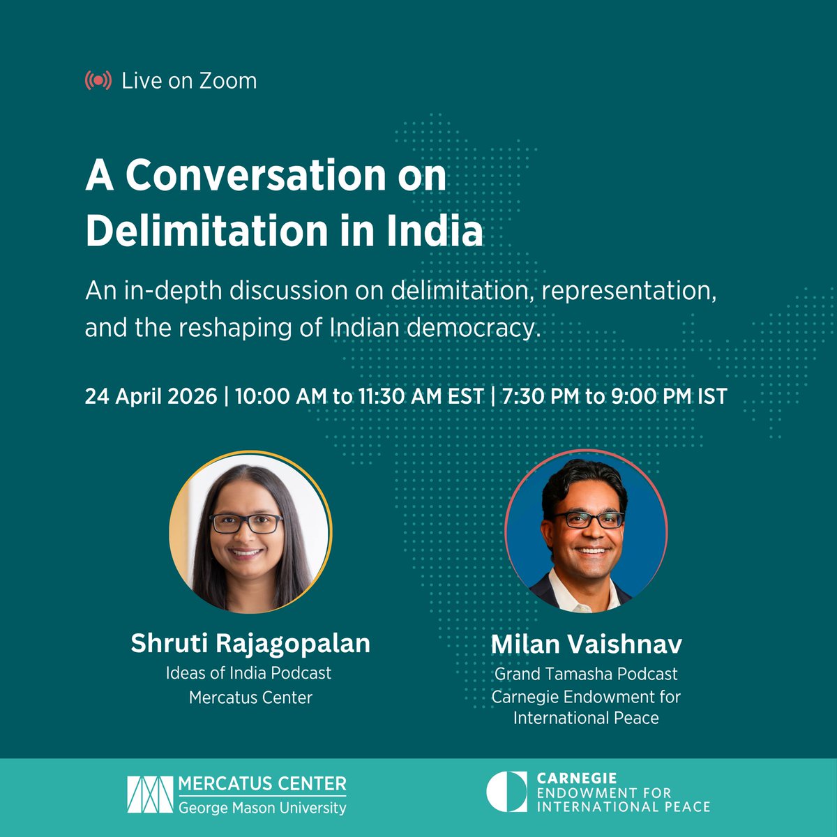srajagopalan's tweet photo. Join me and @MilanV @CarnegieEndow for a conversation on delimitation, representation, and the reshaping of Indian democracy.

📅 This Friday, April 24

⏰ 10:00–11:30 AM ET | 7:30–9:00 PM IST

💻 Live webinar

🔗 Register here: https://t.co/TdH1adLsbN https://t.co/xhfeQofAuP