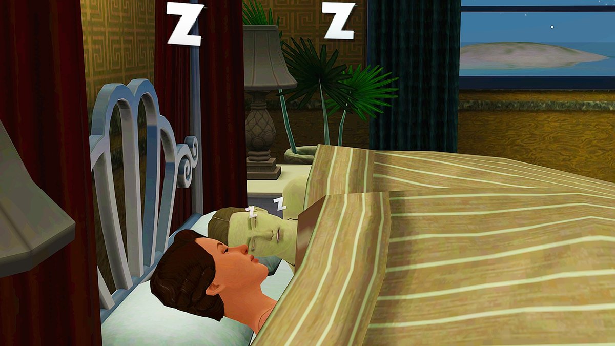 Unfortunately for him, he didn't get the golden bronze tan he wanted from the tanning booth, &amp; got a botched one instead that made him look like a zombie during a full moon. He didn't dwell on it that much, &amp; just slept it off at the houseboat.

#TheSims3 #TheSims