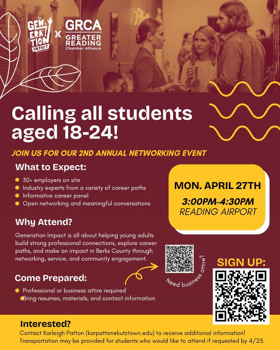 Golden bears check out this opportunity! This event is designed to connect local college students with community leaders for career advice, networking, and inspiration—encouraging them to stay and build their futures in Greater Reading.