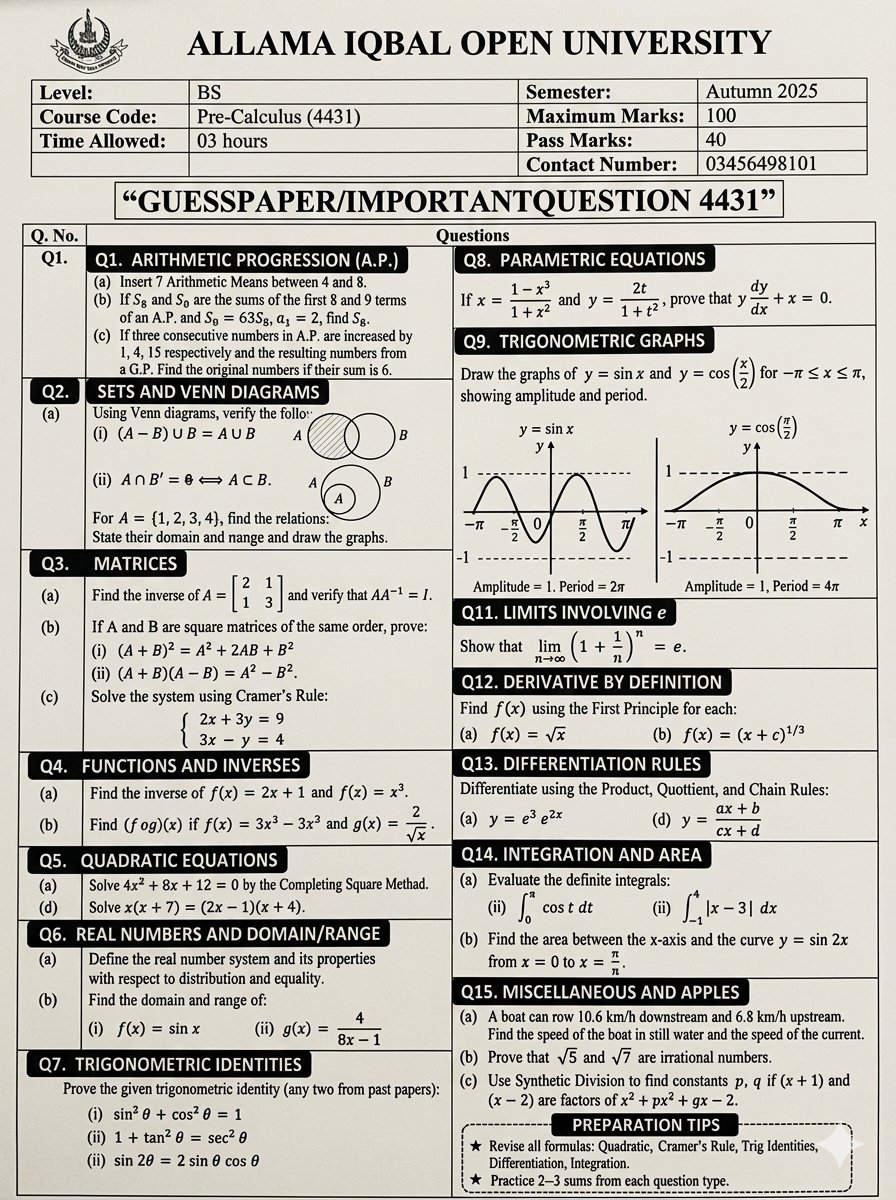 theaiouofficial's tweet photo. AIOU 4431 Guess Paper 2026 | Pre-Calculus Most Important Questions
#AIOU #Code4431 #PreCalculus #AIOUGuessPaper2026 #AllamaIqbalOpenUniversity #MathExams #AIOUUpdates #StudyNotes https://t.co/Um06yJsvy9