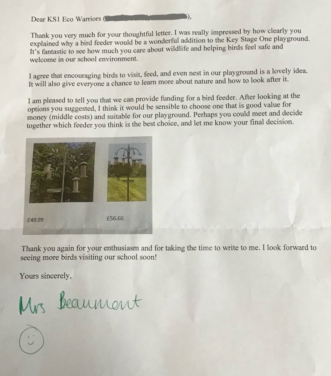 Miss_R_Shenton's tweet photo. @RowParkAcademy 

Our Eco Warriors were delighted to receive a reply from Mrs Beaumont today after writing to request a bird feeder for the KS1 playground. A lovely example of pupil voice in action! 🐦‍⬛🌳 https://t.co/Ug4cXTsKqy