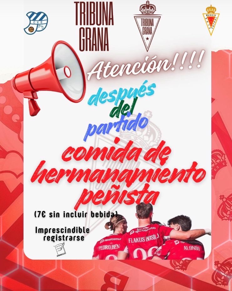 Gracias por la invitación <a href="/TribunaGranaRMU/">Peña Tribuna Grana</a>!!!
<a href="/feperealmurcia/">FEPEMUR</a> 
<a href="/realmurciacfsad/">Real Murcia CF</a>