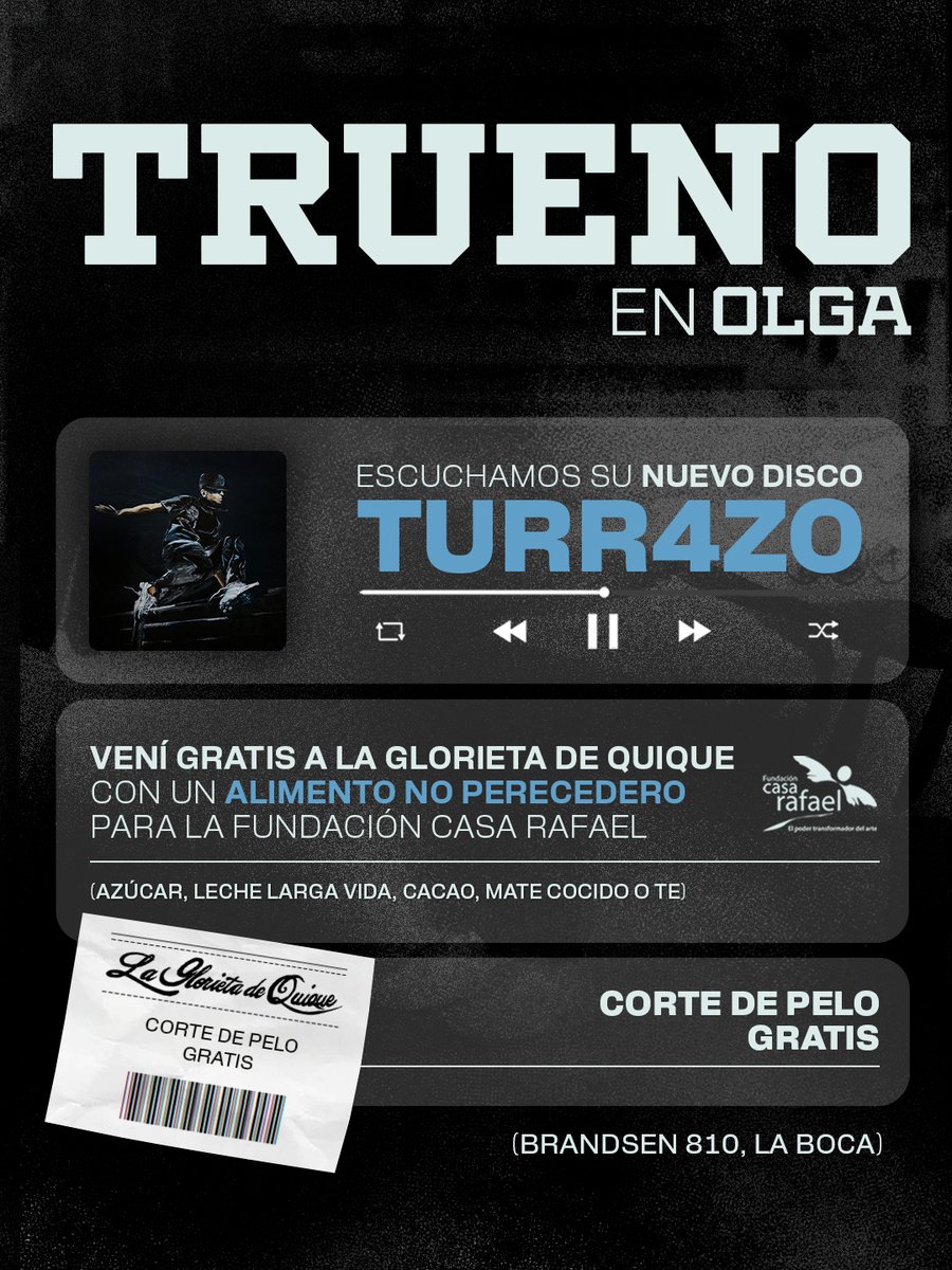 TRUENO EN OLGA | TAPADOS DE LABURO ⚡️🌶️

Este viernes 24 DE ABRIL a las 12.30 transmitimos desde LA BOCA con <a href="/TruenoOficiaI/">TR1 ⛈</a> para escuchar su nuevo disco TURR4ZO 💿

Podes venir a verlo gratis en vivo desde La Glorieta de Quique (Brandsen 810) trayendo un alimento no perecedero