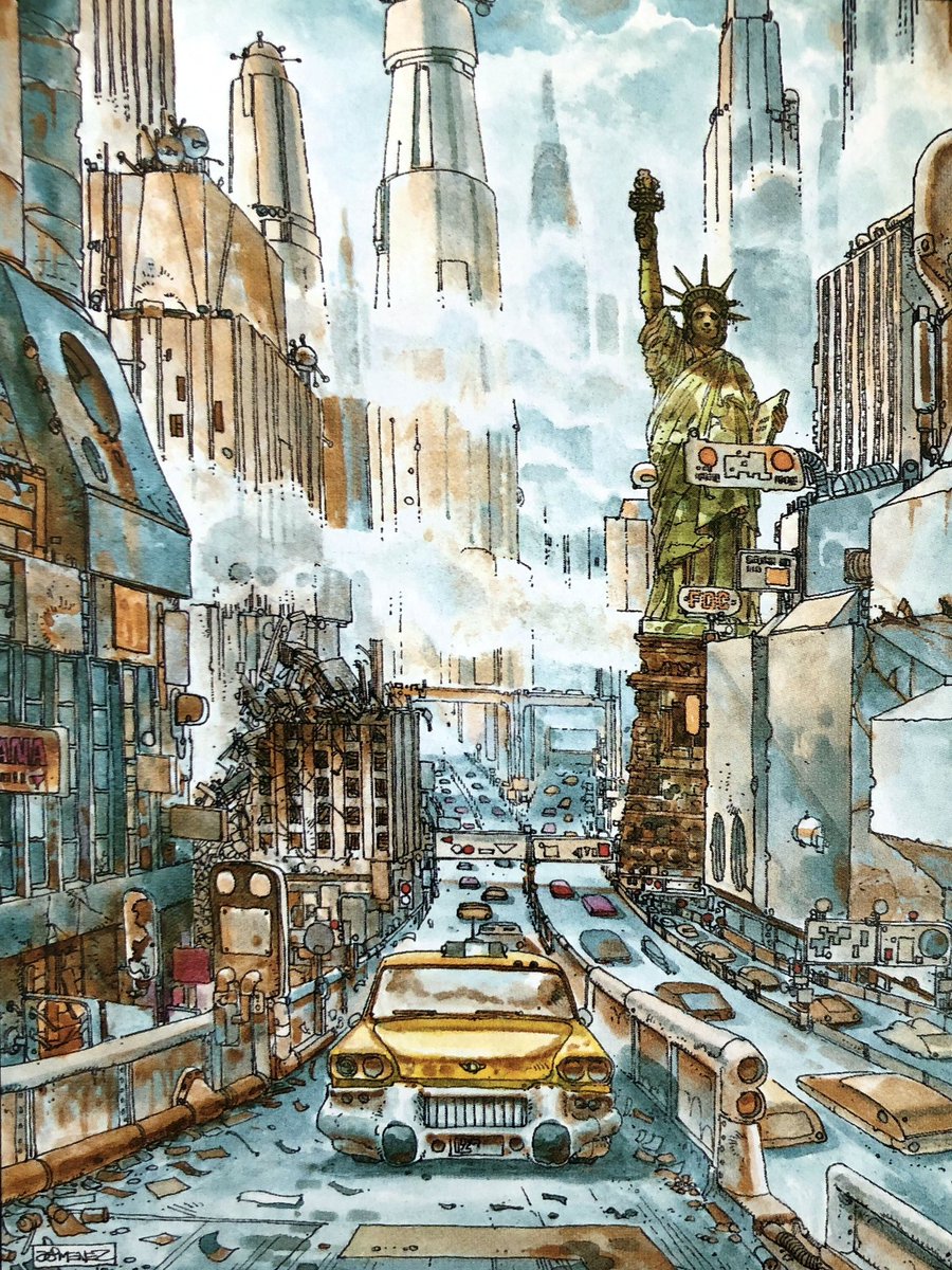 HeavyMetalInk's tweet photo. The Argentine Juan Giménez was the one who shaped the visual identity of “Harry Canyon” within Heavy Metal, handling everything from the framing to the city itself: a chaotic future New York, loaded with neon, grime, and technology, conceived more from intuition and European sci-fi imagination than direct reference.