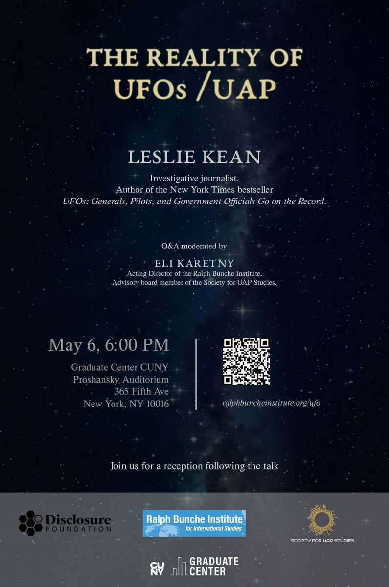 Disclosure Foundation is proud to sponsor The Reality of UFOs / UAP featuring investigative journalist <a href="/lesliekean/">Leslie Kean</a>, with Q&amp;A moderated by <a href="/EKaretny/">Eli Karetny</a>, on May 6 at 6:00 PM at the CUNY Graduate Center in New York City.

Grateful to support serious public conversation around UAP.