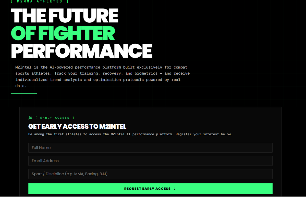 M2MMAofficial's tweet image. Combat Sports Athletes - SIGN UP NOW to stay up to date on M2Intel, and your chance to be selected for first access to M2Intel. 

m2mma.com/athletes

Also make sure to vote on what training data you would like to track and what support tools you would like to see on the