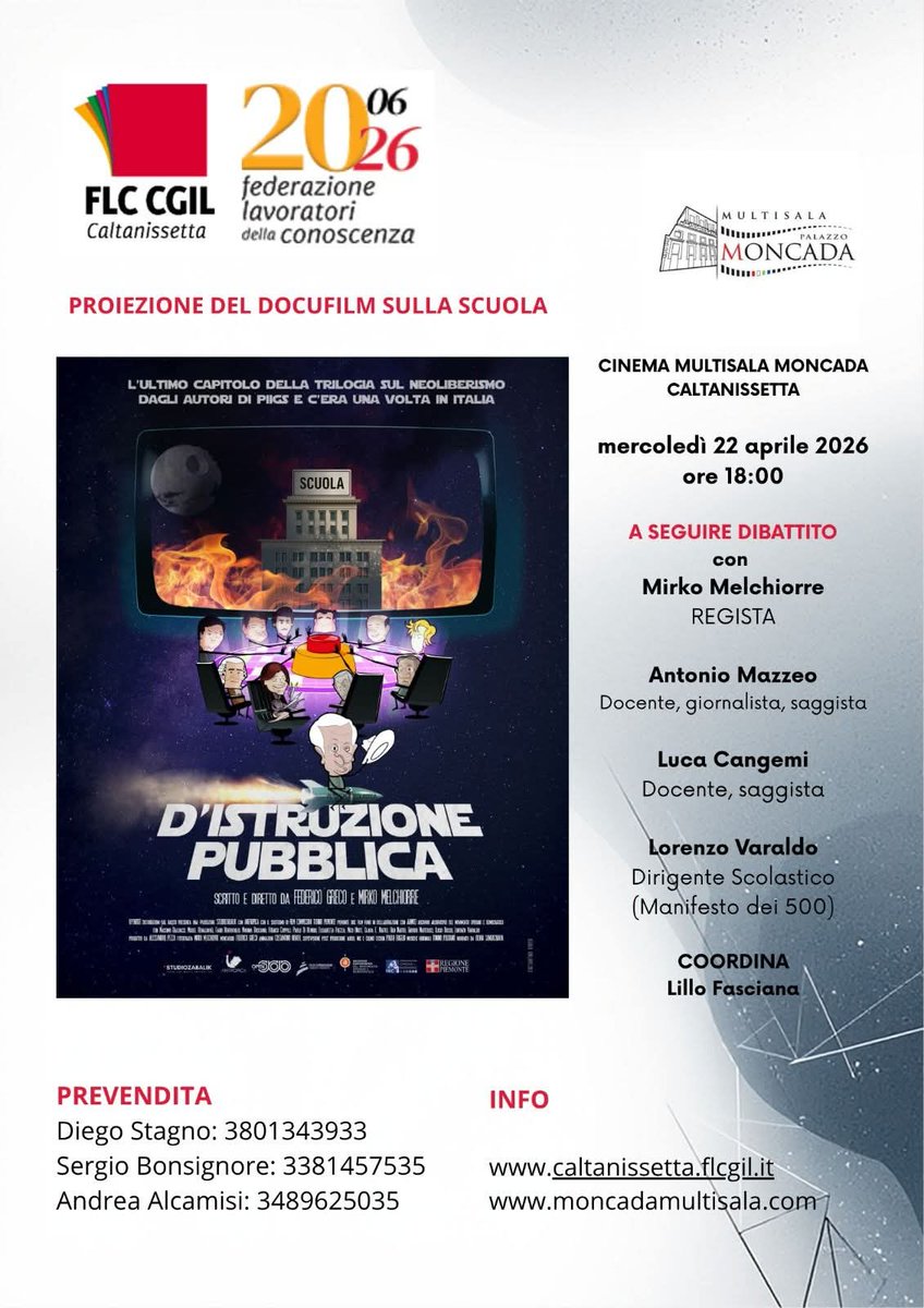 luca_cangemi's tweet photo. Bel colpo d'occhio del cinema Moncada a Caltanissetta, adesso la proiezione di "D'istruzione pubblica", a seguire il dibattito e la presentazione del nostro libro La controriforma permanente. La #scuola italiana tra mercato e #guerra.
@flean1973 @PIIGS_themovie  
@AlexSabetti https://t.co/yo6yemipEX