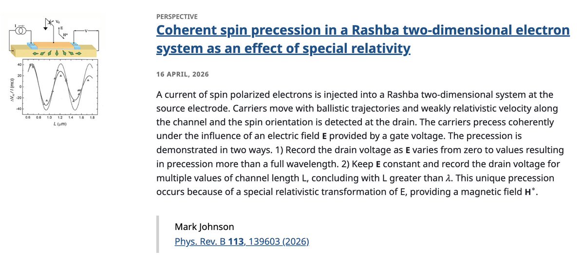 PhysRevB's tweet image. #PRBPerspective: Coherent #spin precession in a #Rashba 2D electron system as an effect of special relativity

Mark Johnson
Phys. Rev. B 113, 139603

➡️ go.aps.org/41E2sl6
@APSPhysics #condmat #physics