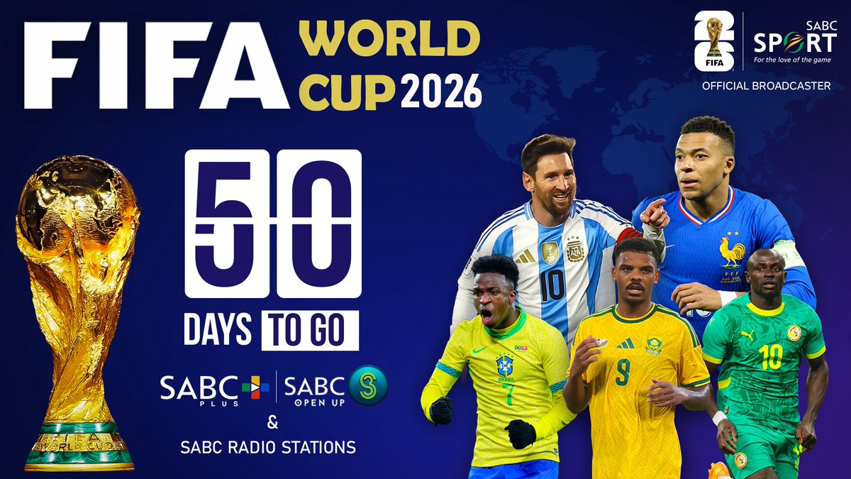 SABC_Sport's tweet image. 🏆 50 DAYS TO GO!⚽️

The World Cup is coming — don’t miss a second!

Watch it LIVE on SABC 3 or stream it on SABC Plus wherever you are.

Download the app now 📲 sabc-plus.com

Be ready when it all kicks off!

#SABCSport #50DaysToGo #WorldCup2026