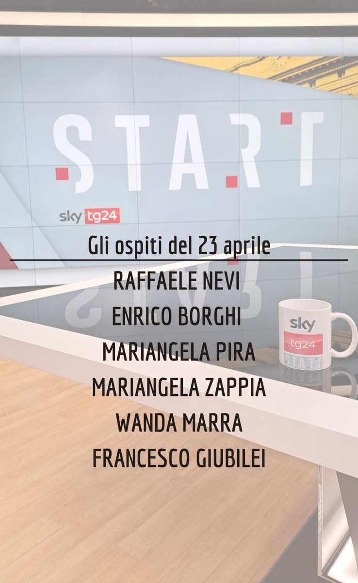 giopank's tweet image. Domani a #Start saremo con @raffaelenevi, @EnricoBorghi1, @MariangelaPira, @MAZappia, @WandaMarra e @giubileif.
Come sempre dalle 9:30 su @SkyTG24. Vi aspetto!