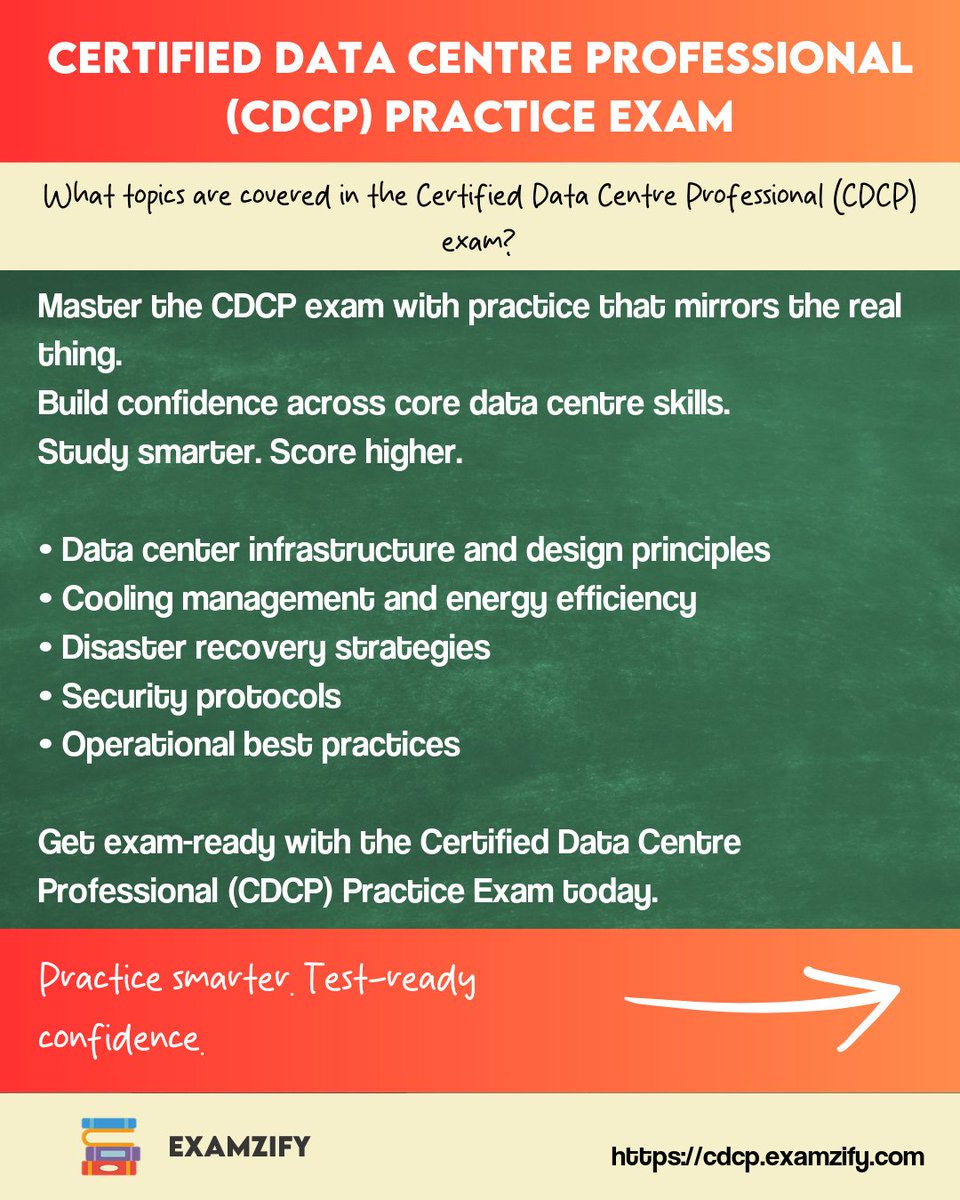 examzify's tweet image. Pass the CDCP exam with confidence. 🔥
Level up your data centre expertise with our Certified Data Centre Professional (CDCP) Practice Exam at cdcp.examzify.com. #CDCP #DataCentre #DataCenter #DataCentreProfessional #EarthDay #ITCertification #CertificationPrep Surf