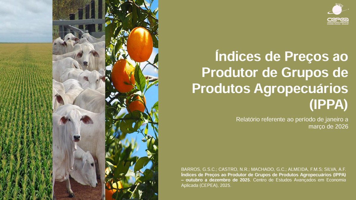 CepeaEsalq's tweet image. #IPPA – Os preços pagos aos produtores agropecuários recuaram no primeiro trimestre de 2026 frente aos do mesmo período do ano passado. Segundo cálculos do Cepea (Centro de Estudos Avançados em Economia Aplicada), da Esalq/USP, o IPPA/Cepea (Índice de Preços ao Produtor de Grupos