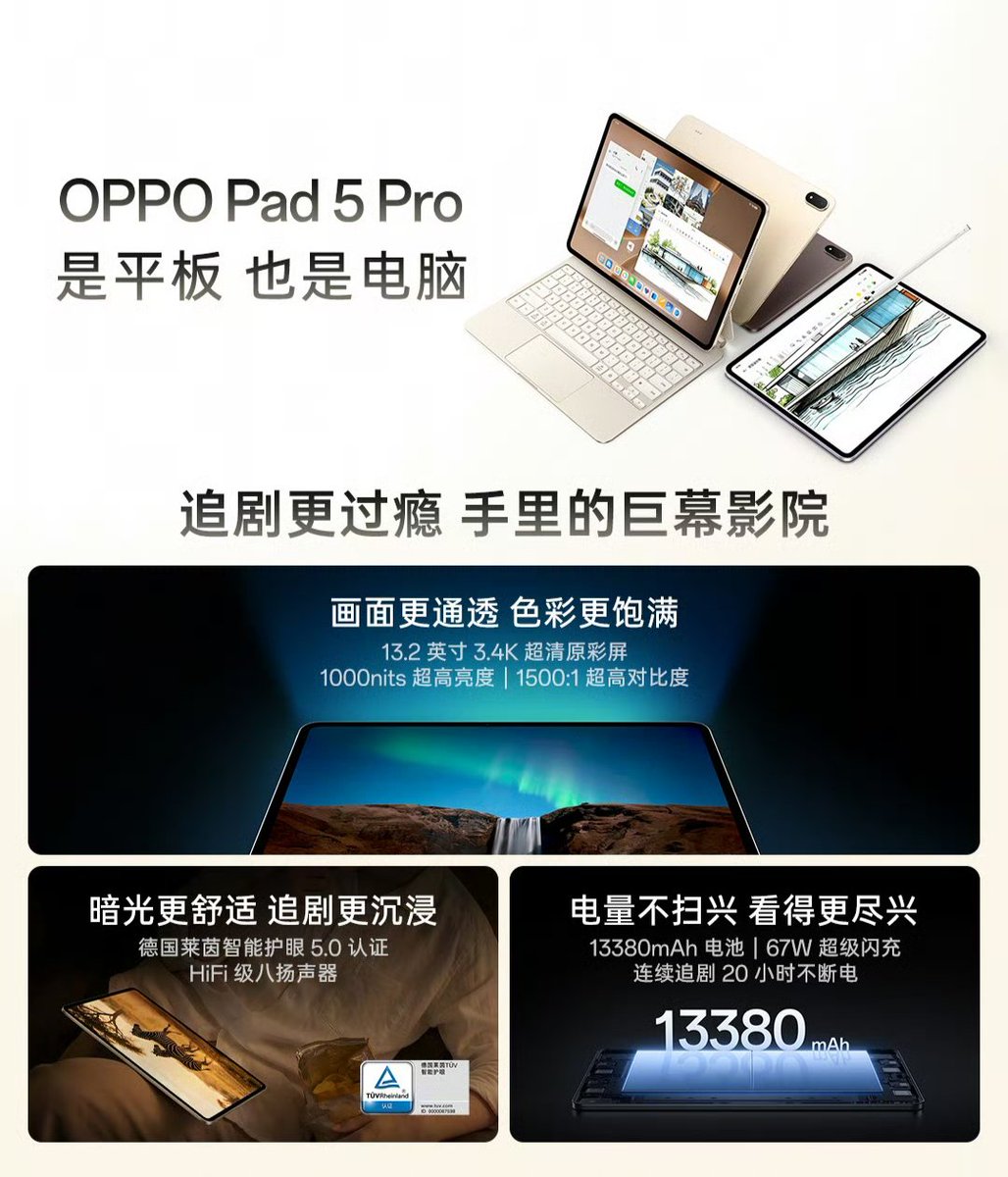 vinishkeshri's tweet photo. #OPPO Pad 5 Pro launched in 🇨🇳 

Specs:
📟 13.2" 3.4K 144Hz LCD Display, 1000nits Peak 🔆
🦾 Snapdragon 8 Elite Gen 5
💾 LPDDR5X + UFS 4.1
📸 13MP
🤳 8MP
🔋 13380mAh
🔌 67W
🍭 Android 16 | ColorOS 16
🛜 Wi-Fi 7, Bluetooth 6.0
🔊 8 Speakers, Dual Microphones

#OPPOPad5Pro
🧵1/2 https://t.co/NLiV83WX18