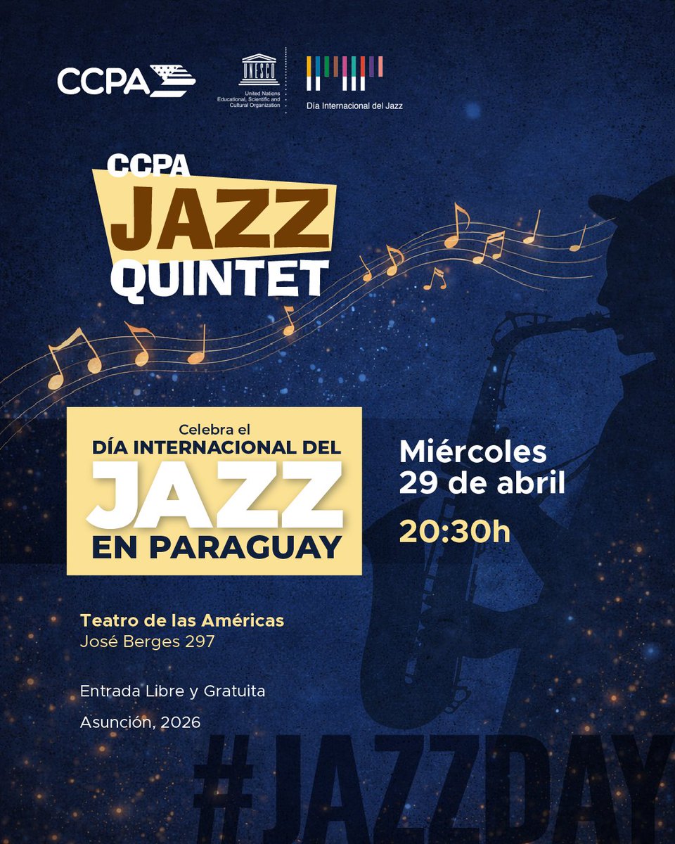 ccpaculturalpy's tweet photo. ¡Festejemos juntos el International Jazz Day! 🎷📷 Invitamos al público en general a una noche inolvidable cargada de ritmo e improvisación. Vení a disfrutar de la actuación en vivo del increíble CCPA Jazz Quintet, quienes nos deleitarán con un repertorio único.🎶 https://t.co/ThI3qN2TEk