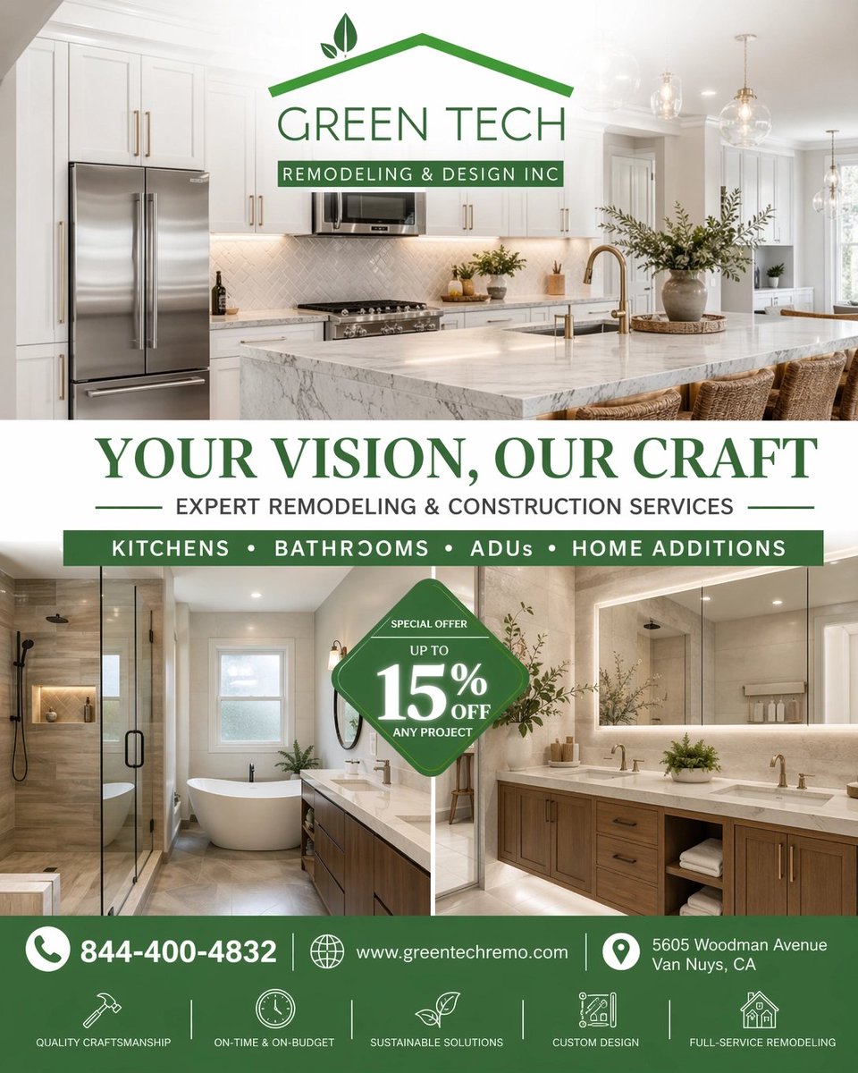 GreenTechRemo's tweet photo. Ready to upgrade your home?

We specialize in kitchens, bathrooms, ADUs, home additions, and full renovations. Quality work, custom design, and up to 15% off projects.
Better than “we’ll get to it someday.”

Call: 844-400-4832
Text/WhatsApp: 818-853-4641
https://t.co/M6sL2cTfzC https://t.co/U71lS8MAGf