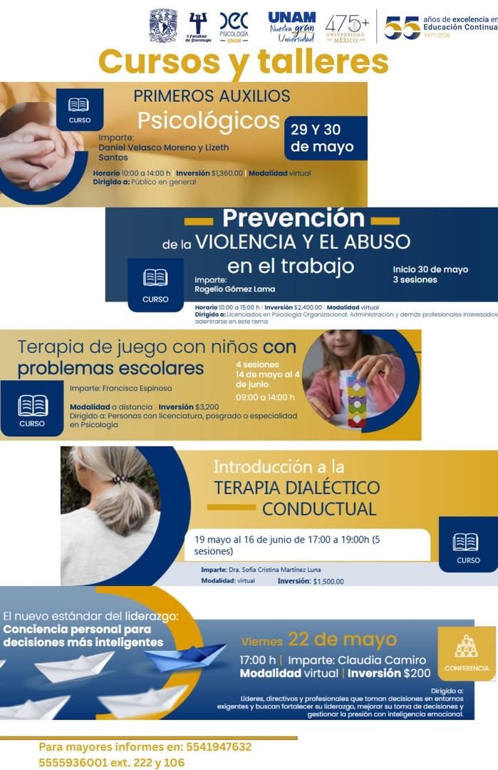 unam_psicologia's tweet photo. ¿Conoces la oferta de talleres, diplomados con opción a titulación, cursos y cátedras que la División de Educación Continua Psicología, UNAM tiene para ti? 🤔
Para más información puedes llamar al 5541947632. ¡No te quedes fuera! 🙌

#PsicologiaUNAM #psicologia #UNAM #educacion https://t.co/CvpfhLh0Lo