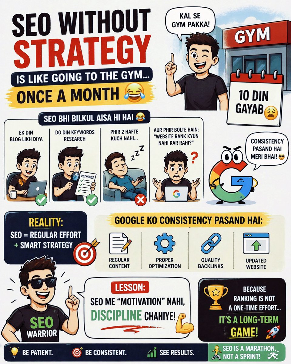 Lotuskaur13's tweet image. SEO without strategy is like going to the gym once a month 😂
No consistency = No results ❌
Consistency + Strategy = Growth 📈
#SEO #DigitalMarketing #webdevelopment