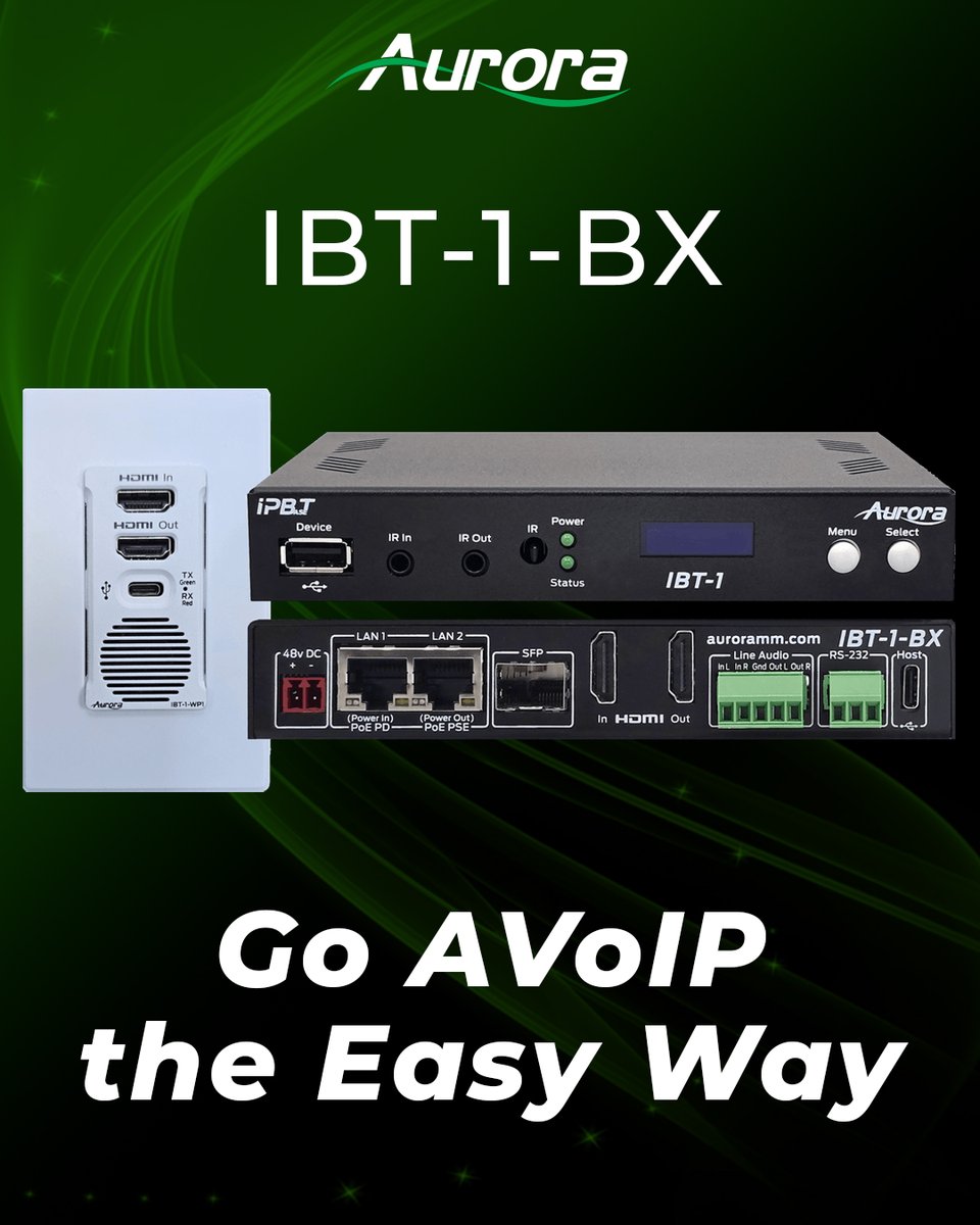 LeadingTechnolo's tweet image. ● Migrare da HDBaseT® ad AVoIP senza rifare l’infrastruttura? IBT-1-BX di @AuroraMMCorp converte HDBaseT® ↔ AVoIP su rete 1G, permettendo upgrade graduali e senza sostituzioni.

👉 auroramultimedia.com/products/ibt-t…

#ProAV #AVoIP #AVIntegration