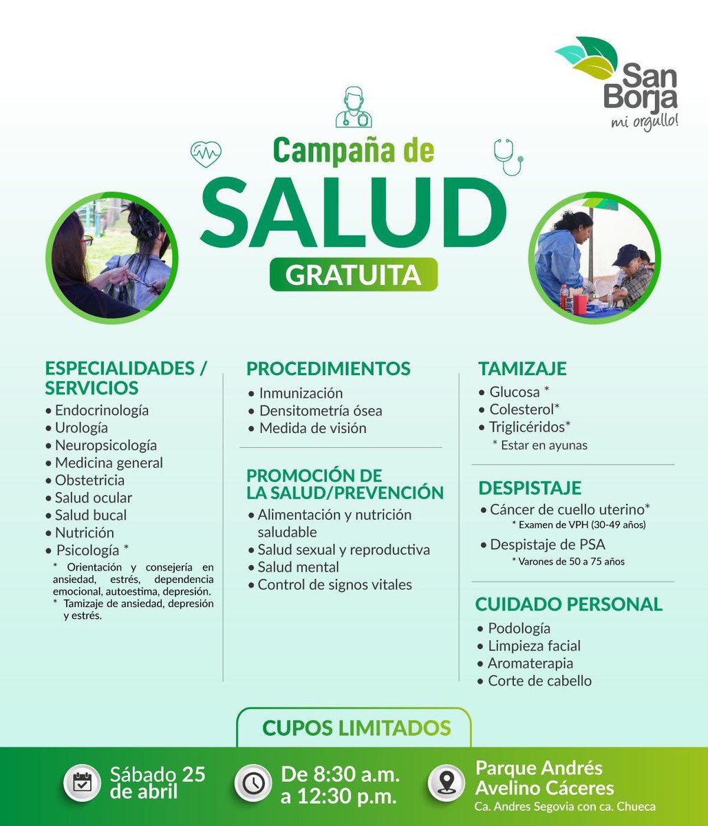 MunideSanBorja's tweet image. ✨ ¡Este sábado tienes una cita con tu salud! 🧑‍⚕️

Aprovecha atención #gratuita en especialidades médicas, exámenes preventivos y servicios de cuidado personal.

🗓️ Sábado 25 de abril
⏰ 8:30 a.m. a 12:30 p.m.
📍 Parque Andrés Avelino Cáceres