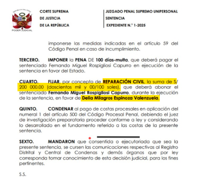 🔴 #ÚLTIMO | La Corte Suprema de Justicia condena a Fernando Rospigliosi por difamación agravada contra Delia Espinoza. La resolución le impone 9 meses de prisión suspendida, el pago de S/ 200 mil por reparación civil y el cumplimiento de reglas de conducta.