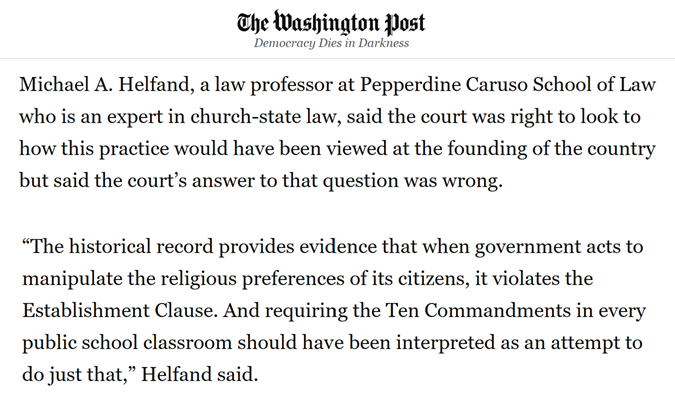 MAHelfand's tweet photo. Appreciate @washingtonpost reporter @laurameckler for quoting me in her story about the 5th Cir opinion upholding the 10 Commandments in public schools. Here's my attempt to stuff the entirety of my &amp; @mark_storslee's article into 2 sentences.
For the rest https://t.co/abuHPi2yaT https://t.co/3ULsypLxu9
