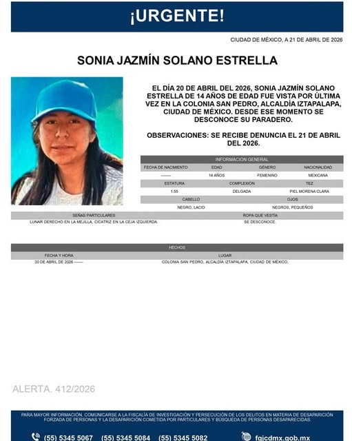#AlertaAmber #CDMX 
Sonia Jazmín S.E de 14 años, vista el 20/04/26 en #Alcaldía #Iztapalapa #CDMX ¿La has visto? <a href="/IztapalapaRepor/">Iztapalapa Denuncia</a> <a href="/iztapalapaUHVG/">VecinoIztapalapa</a> <a href="/IztapalapaPRImx/">MovPRI.mx Iztapalapa</a> <a href="/Alc_Iztapalapa/">Alcaldía Iztapalapa</a> <a href="/Emmanuel_CDMX/">Emmanuel Vargas Bernal</a> <a href="/ColectivoHECDMX/">Colectivo Hasta Encontrarles CDMX</a> <a href="/azucenau/">Azucena Uresti</a> <a href="/reyeslourdes/">Lourdes Reyes ®</a> <a href="/VanessaBauche/">Vanessa Bauche</a> <a href="/ReginaOrozco/">Regina Orozco</a> <a href="/AnitaLomeli/">Ana Maria Lomeli</a>