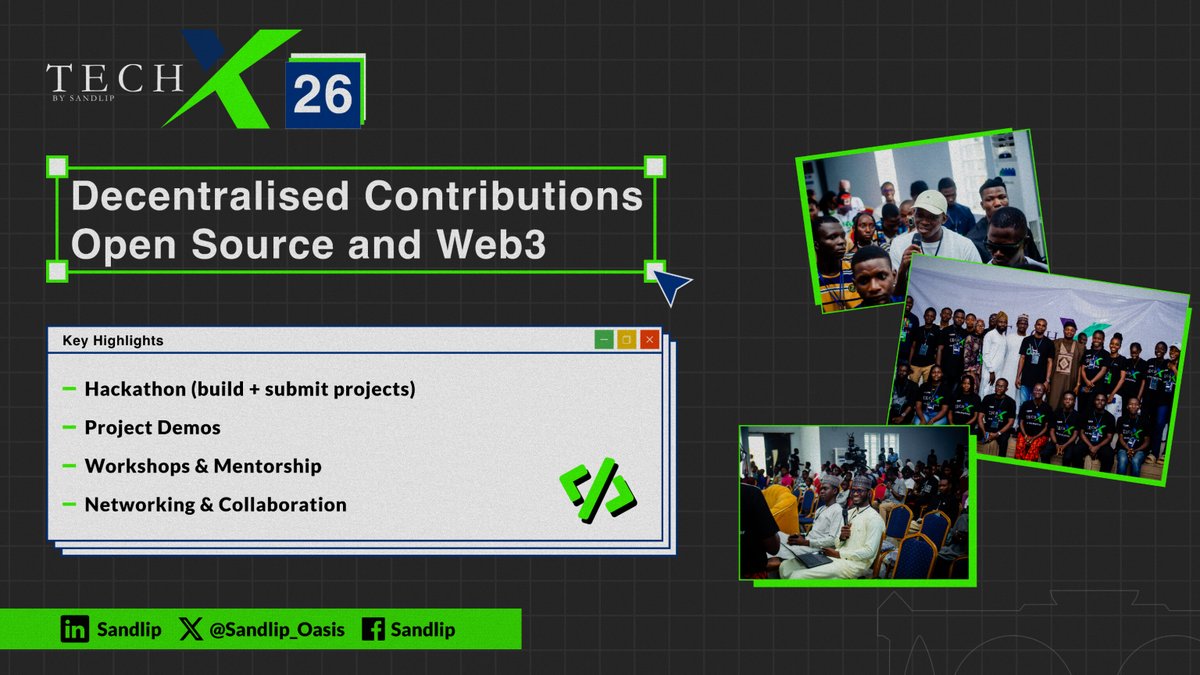 sandlip_oasis's tweet photo. TechX'26 is officially on the horizon.

We are bringing together Nigeria’s builders for a month of pure innovation. We’re diving deep into Decentralised Contributions - Open Source and Web3.

It all starts with a 25-day virtual hackathon and ends with a massive physical conference finale in Jalingo, Taraba State.

What to expect:
* Virtual Hackathon: Build and ship projects from anywhere in Nigeria.
* Workshops & Mentorship:** Get direct guidance from industry leaders.
* 200+ Expected Projects: We are challenging participants to build real-world solutions.
* The Grand Finale: A physical conference for 400+ attendees featuring demos, networking, and keynotes in Jalingo.

We are currently building our ecosystem for this year. If you’re a protocol, company, or community lead looking to support the next wave of Nigerian talent, there is still an opportunity to partner and be a part of this journey.

Send us a DM.

Let’s build something together.

#TechX'26 #Web3Nigeria #OpenSourceAfrica #Sandlip #JalingoTech