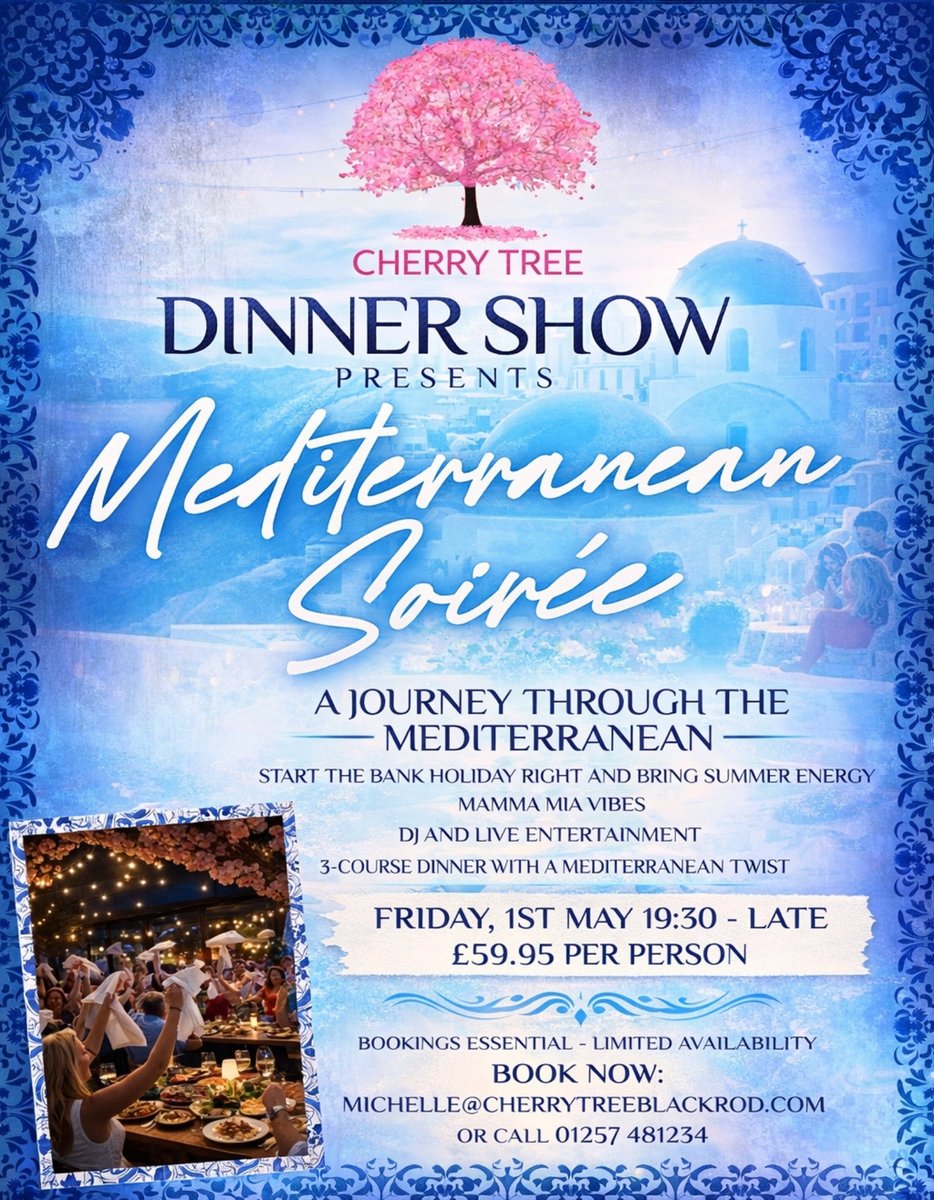 cherryblackrod's tweet photo. 🍹BAR TICKETS NOW AVAILABLE🍹

If you haven't booked your table for our Mediterranean Soirée on Friday, 1st May, now's the time!

☀️Think summer holiday energy, Mamma Mia vibes, and a night you won't forget...

FULL DETAILS &amp; TICKETS HERE: https://t.co/asVYYFOTNI https://t.co/T8P4Vg8nUD