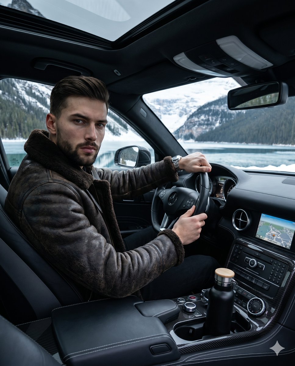 Created with Gemini Nano Banana Pro on <a href="/GeminiApp/">Google Gemini</a>

Prompt 👇

A young male with medium-length, slightly messy swept-back dark hair sits in profile with relaxed shoulders, wearing a thick, distressed dark brown leather aviator jacket with a plush shearling collar. His candid