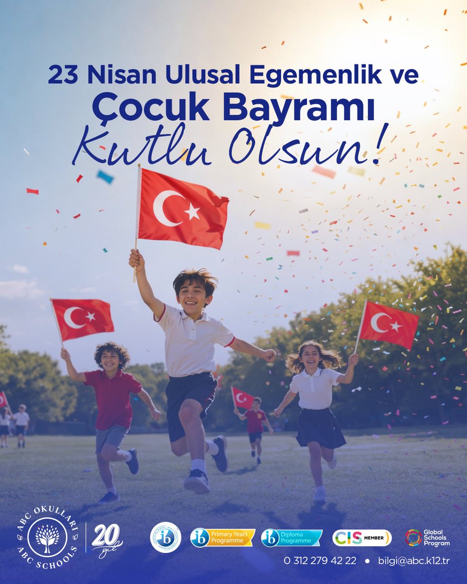 abcokullari's tweet photo. Gazi Mustafa Kemal Atatürk’ün bağımsızlık meşalesini çocuklara emanet edişinin yıl dönümünde, 23 Nisan Ulusal Egemenlik ve Çocuk Bayramı’nı büyük bir heyecanla kutluyoruz. Atamızın izinde, elinde bayrağıyla yarınlara umutla koşan her çocuk, bizim en değerli varlığımız ve mirasımızdır. 
Çocuklarımızın neşe içinde, barış ve huzur dolu bir dünyada büyümesi en büyük temennimizdir. Başta büyük önder Mustafa Kemal Atatürk olmak üzere istiklal mücadelemizin tüm kahramanlarını saygıyla anıyor, tüm çocuklarımızın bu mutlu gününü selamlıyoruz. 
#ABCOkulları #23Nisan #ulusalegemenlik #cocukbayrami