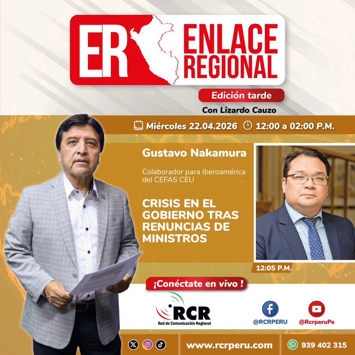 rcrperu's tweet image. 🔴🎤 Noticias, entrevistas, enlaces en vivo y más en Enlace Regional Edición Tarde.

⏰ Lunes a Viernes de 12:00 P.M. a 02:00 P.M.
📺 TV canal 796 HD Cablemas.
▶️ ujjina.info/cdn/alfilpress…
📱play.google.com/store/apps/det…

RCR, la red que comunica y une al Perú.