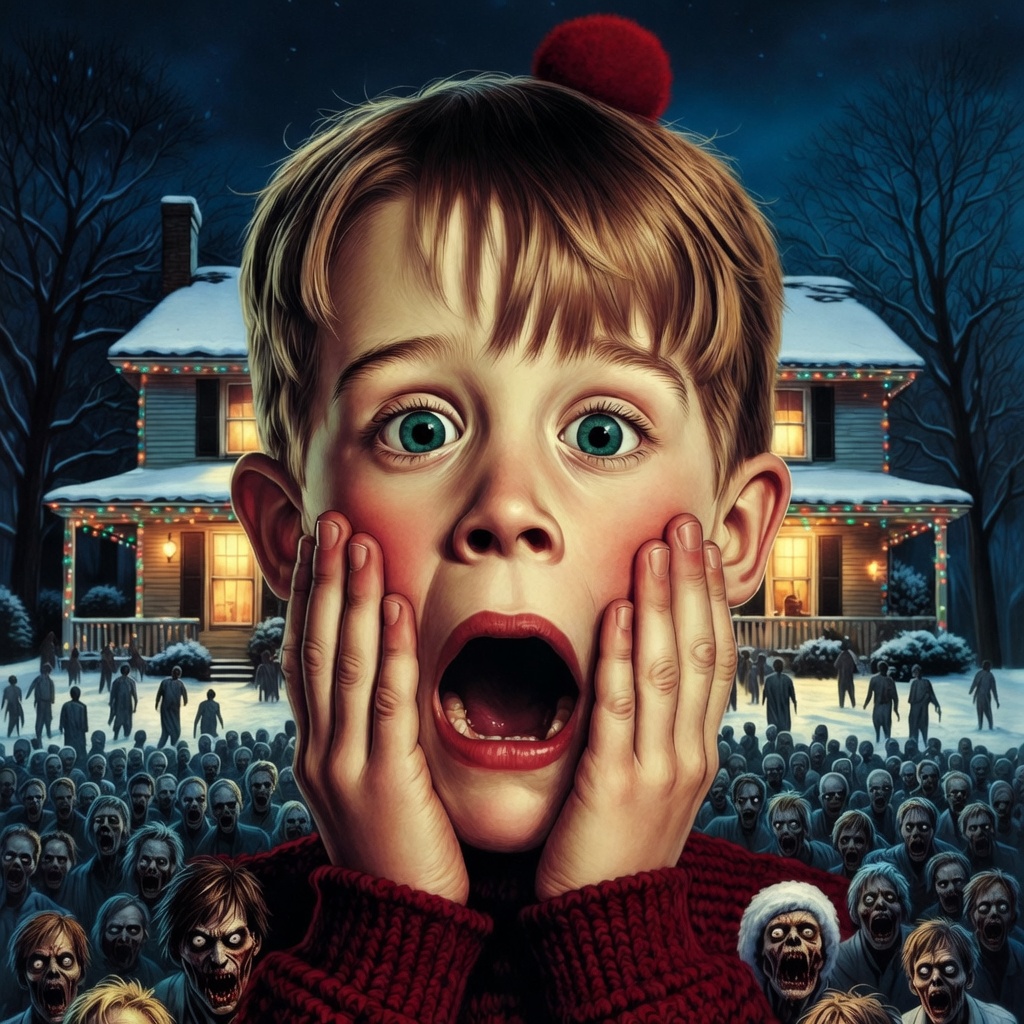 foxdave38's tweet image. Je suis curieux de voir les choses complètement folles que je pourrais faire dans le futur avec l’#IA, comme recréer le film «#Home #Alone» (1990) en remplaçant les 2 méchants par 200 #zombies. 🙂 (Image créée avec l’IA.)
