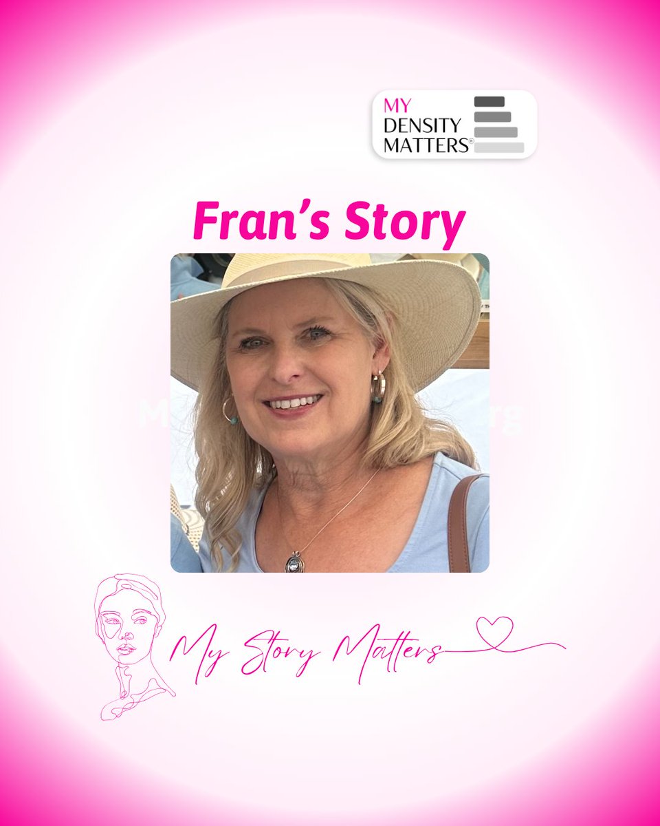 mydensitymatter's tweet photo. Fran's Story Matters.
Dense breast tissue can hide cancer on a mammogram. Fran's story is proof that being proactive isn't enough if we aren't given the full picture. Read her story here: https://t.co/dq2WMt7jgX @Fgla1
#MyStoryMatters #MyDensityMatters https://t.co/3v394yVyQl