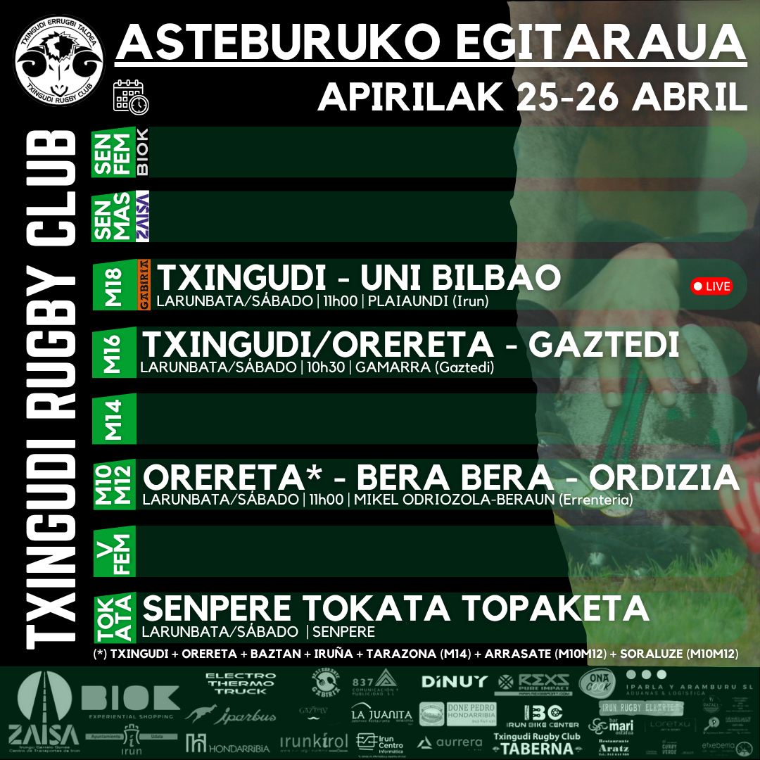 txingudirugby's tweet image. Asteburuko egitaraua | Programa del fin de semana

#rugby #txingudi