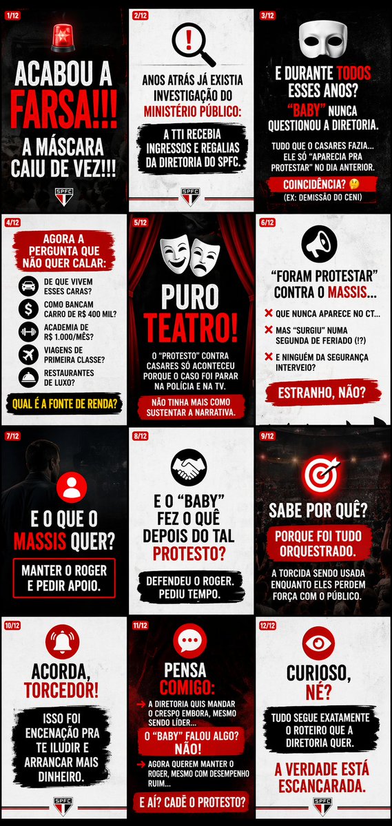 ⚠️ A FARSA DA TTI 

🚨Verdade escancarada! Tudo apenas para PEDIR "APOIO" DA TORCIDA, pois isso significa RENDA PRO BOLSO deles. Só.

Se fosse pelo SPFC, pq Baby não protestou quando diretoria demitiu técnico líder do BR?

E pq pede tempo pra Roger q é justo oq a diretoria quer ?