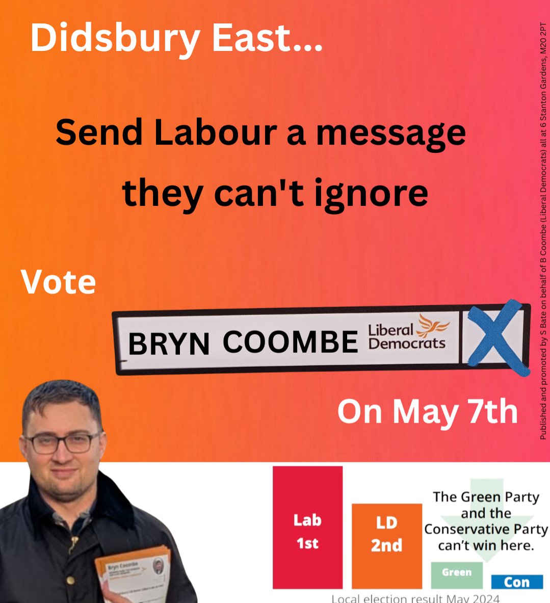 johnleechmcr's tweet photo. In recent times, we've been just 59 votes away from taking Didsbury East from Labour. Only local resident and champion- Bryn Coombe can beat Labour in Didsbury East on May 7th. Give him your vote for a hard-working, committed local councillor! https://t.co/9IuJw74bJw