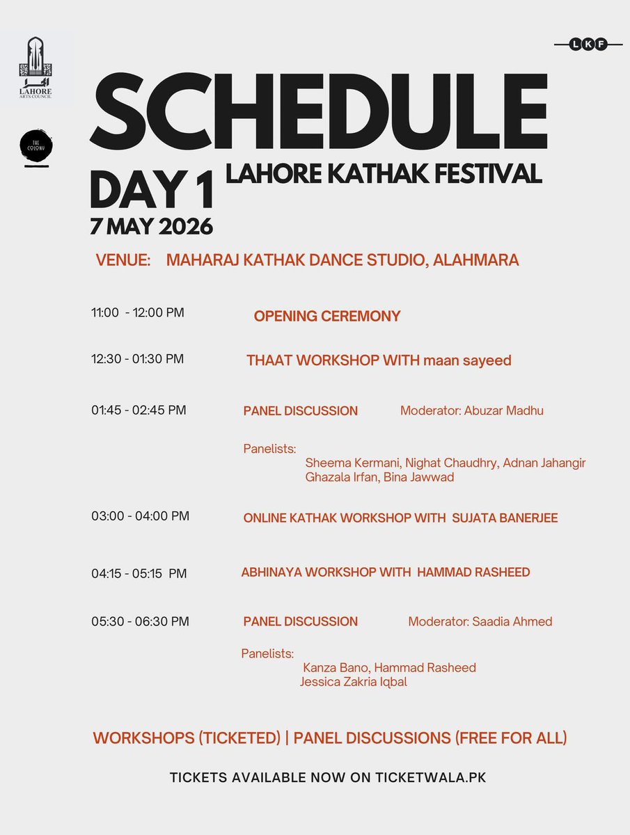 AlhamraLAC's tweet image. Lahore Kathak Festival schedules for Day 1 &amp;amp; Day 2 are now live.
Check timings, entry details and guidelines carefully.

#alhamra #lahorekathakfestival #lkf26 #kathak #lahore #heritage