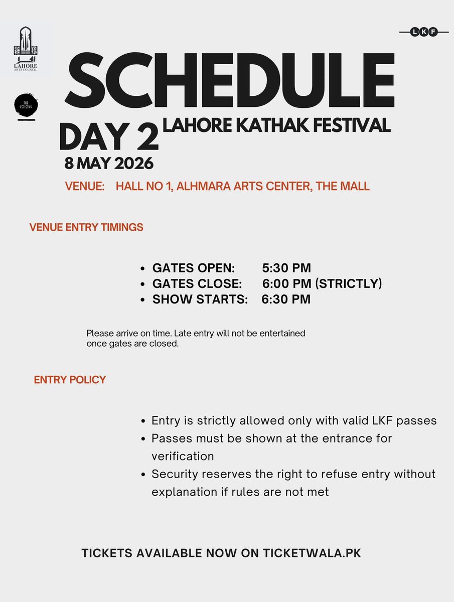 AlhamraLAC's tweet image. Lahore Kathak Festival schedules for Day 1 &amp;amp; Day 2 are now live.
Check timings, entry details and guidelines carefully.

#alhamra #lahorekathakfestival #lkf26 #kathak #lahore #heritage