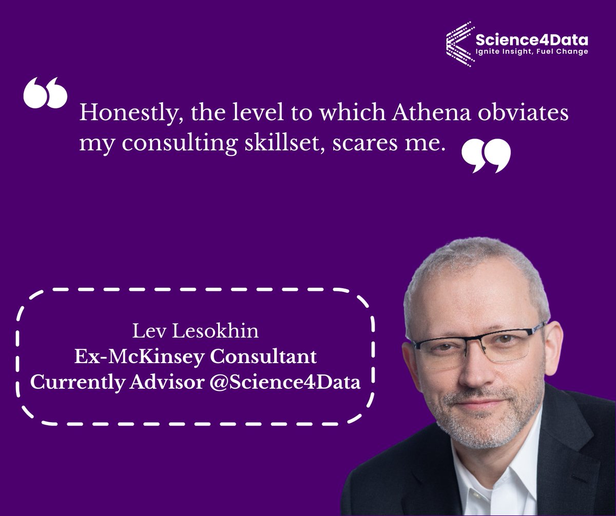 Science4Data's tweet image. A senior consultant just told us:
"The level Athena obviates my consulting skillset… scares me."

When your own users are scared of how good your tool is — you're building something real.

What's the most powerful AI tool in your workflow right now?

#AI #ProductBuilding #Athena