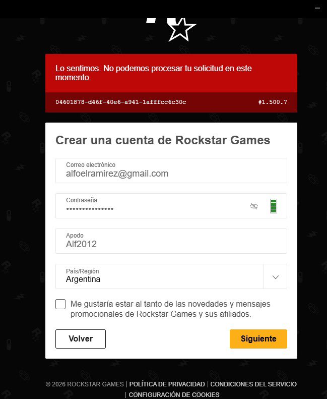 MiPrimeBtc's tweet photo. @RockstarGames No puedo crear una cuenta nueva. Probé desde iPhone y navegadores (Brave y Edge) y siempre falla. ¿Puede ser que ya exista una cuenta con mis datos y eso genere conflicto? Necesito ayuda para poder registrarme. Adjunto evidencia. https://t.co/ZCoGCBP4e7
