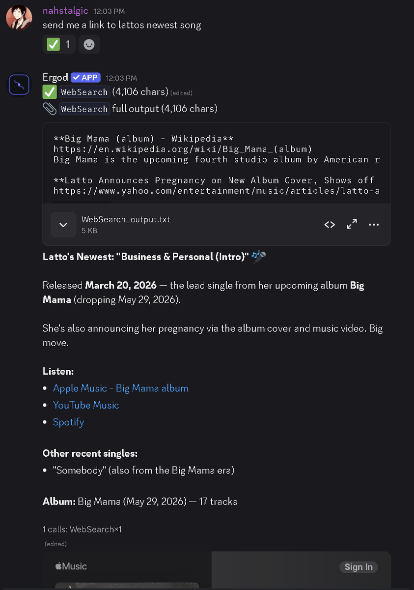 ergod_dev's tweet photo. Can't remember that song but don't want to leave the discord chat? Ergod's got your back!๐ถ #latto #babylatto #discordbot #discordautomation #free #ergod https://t.co/YPo6gRbIrU