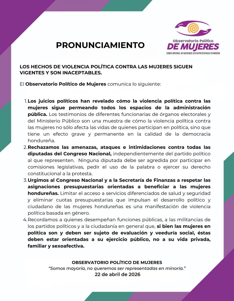 OPMujeres's tweet photo. La violencia política contra las mujeres continúa afectando no sólamente a políticas y funcionarias, sino también a nuestra democracia. No podemos seguir tolerando estos hechos. 

#ObservatorioPolíticodeMujeres 
#NoMásViolencia https://t.co/b9Xtt1xa6v
