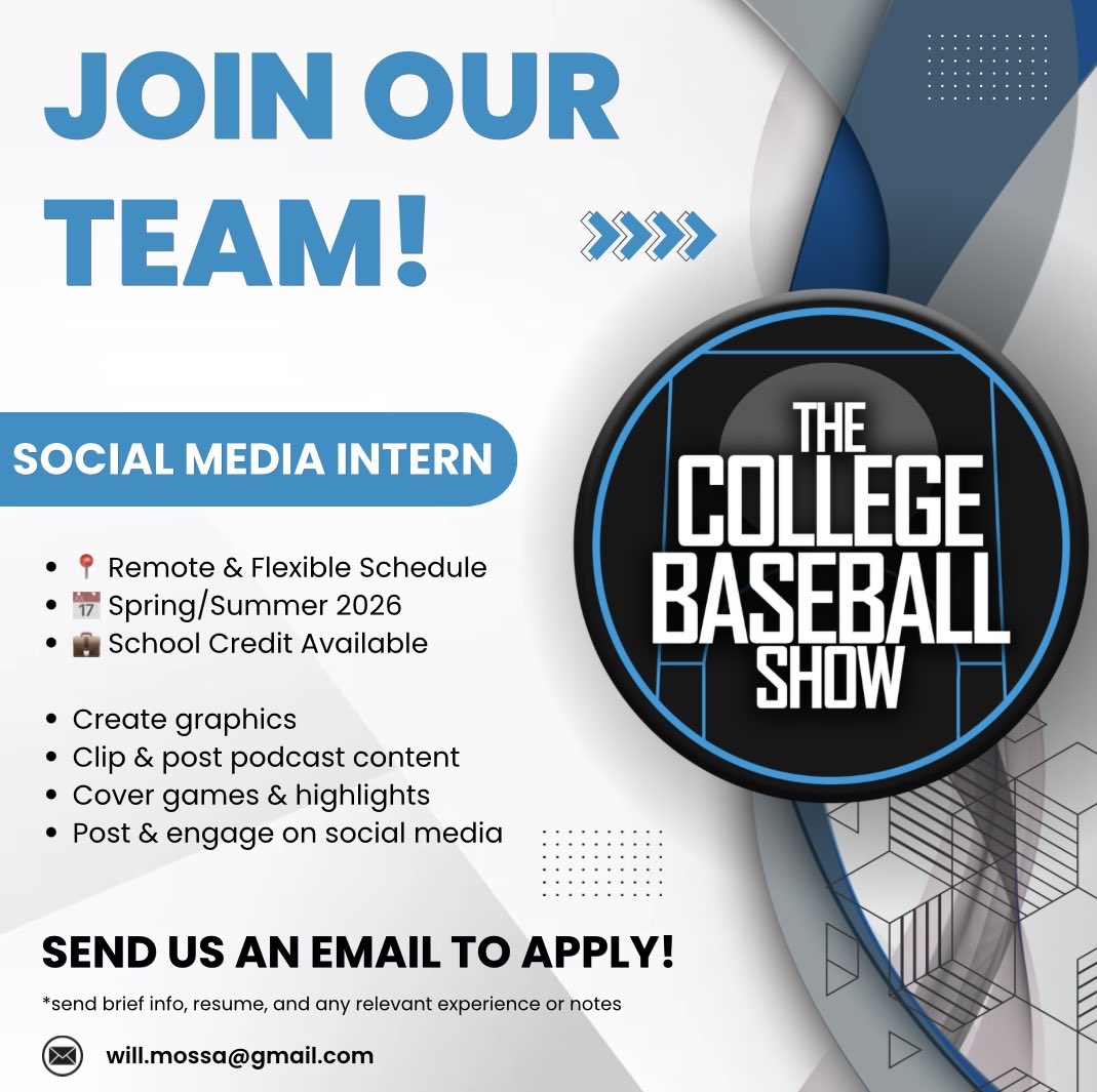 CollegeBSBShow's tweet image. Interested in working with us for the 2026 season? We’re looking for a social media intern who loves college baseball as much as we do and would love to have you on the team🔥

Send us an email with an intro about yourself, resume, and any relevant info and we’ll be in touch‼️