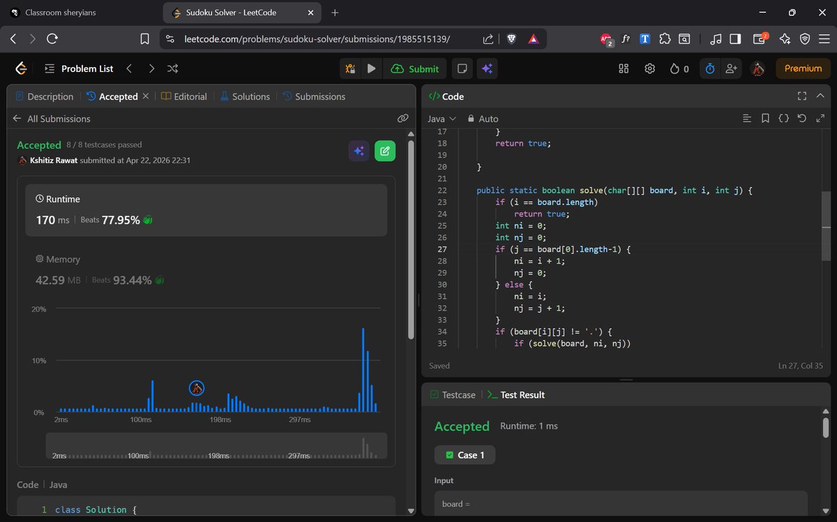 chinu_codes's tweet image. 🚀 Back to Coding - @ali_In_bits

• Learned how to solve Sudoku using recursion 🧩
• Solved LeetCode - Sudoku Solver 🔢
• Practiced backtracking for complex problem solving ⚙️
#100DaysOfCode #DSA #Recursion #Backtracking #LeetCode #CodingJourney
