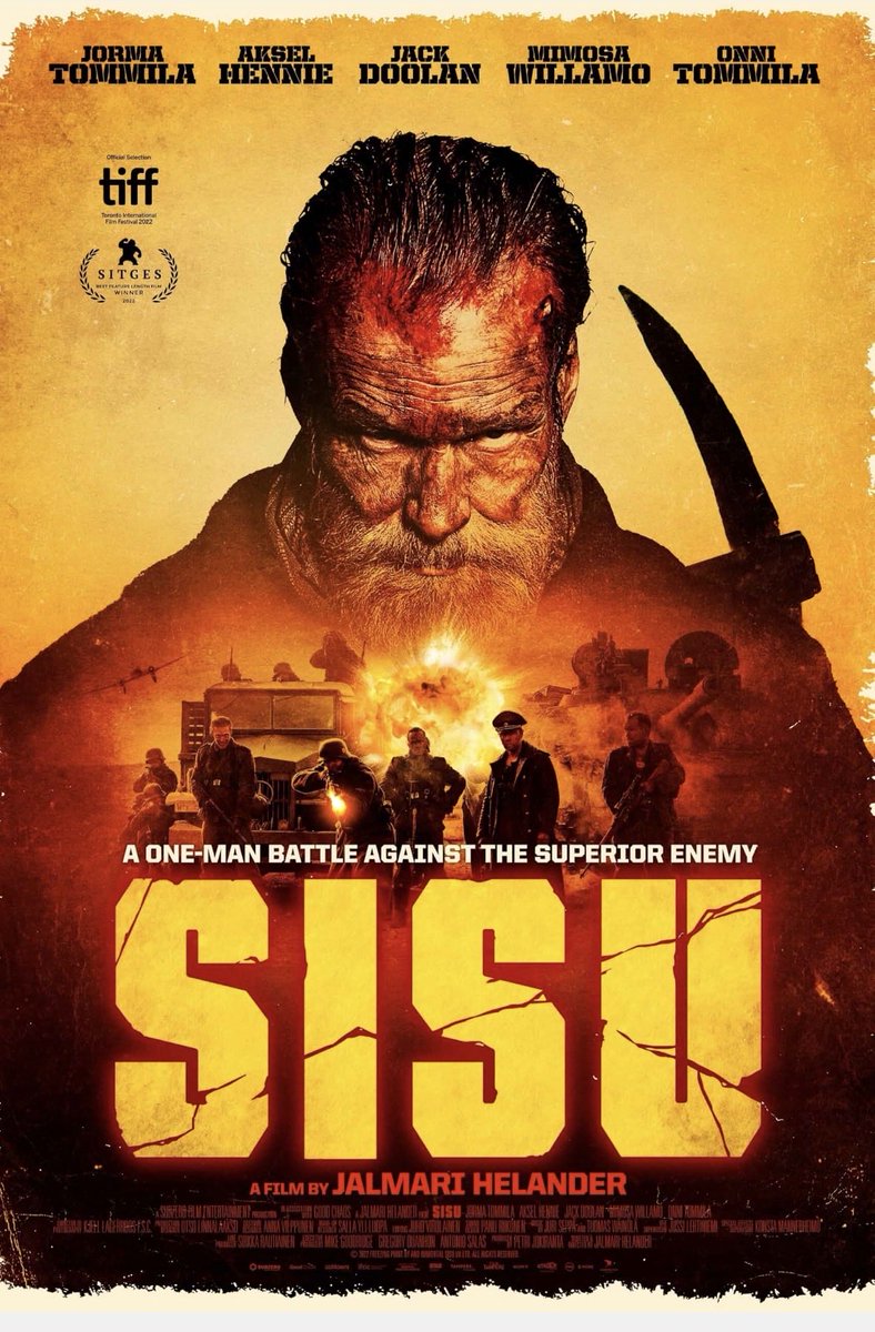 Thoughtsongeoff's tweet photo. Sisu (2022): A former Finnish special forces guy finds some gold as the Nazis are retreating at the end of WW2. He ends up having to fight them. Super violent and super entertaining. Several great action scenes and some very fiendish Nazis getting a right sorting out. Top film. https://t.co/7gwPjKLzb7