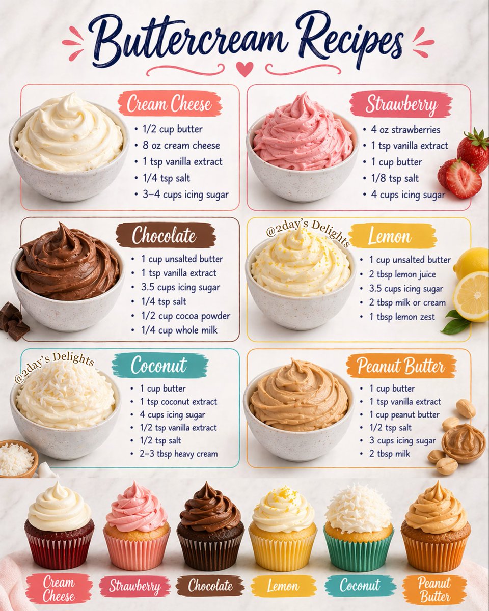 2dayDelights's tweet image. Colorful buttercreams lined up with simple ingredients and smooth, fluffy textures.

.

.

#creamcheese 
#frosting 
#cupcakes 
#cake    
#dessertideas